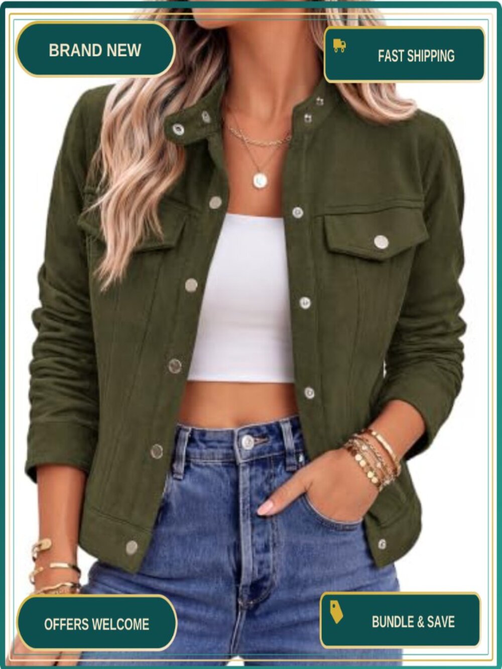 Faux Suede Cropped Jacket Snap Button Casual Fall Shacket